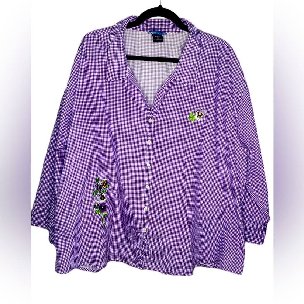 Laso 3XL Purple Check Button Down 3/4 Sleeve w/ Floral Embroidery ~Vintage~ - Picture 1 of 5